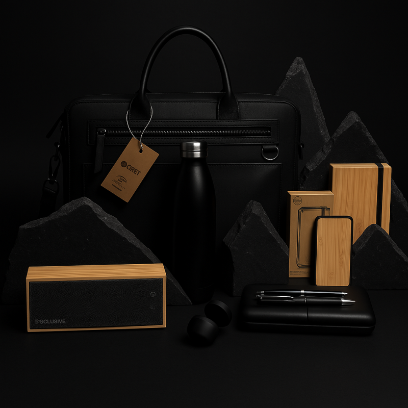 Assortment of premium corporate gifts, including branded notebooks, pens, and luxury items, displayed elegantly for promotional branding.