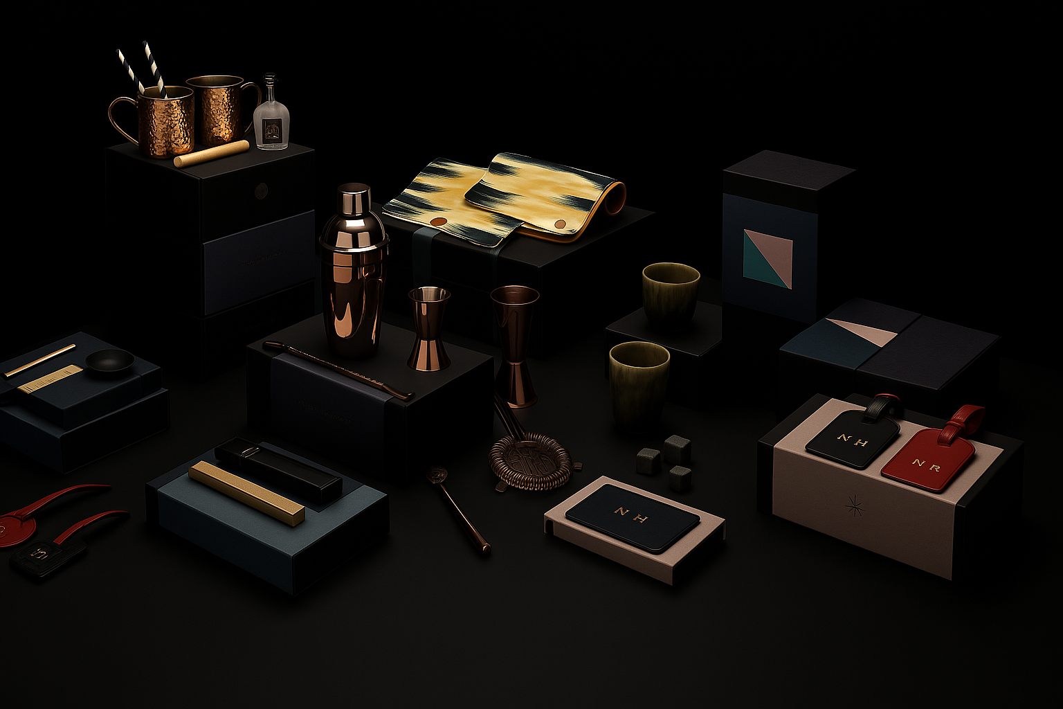 Elegant copper barware gift set with cocktail shaker, jigger, and mugs—ideal for luxury corporate gifts, personalized employee appreciation, and branded client giveaways. Displayed on a black background with premium packaging and travel pouch.