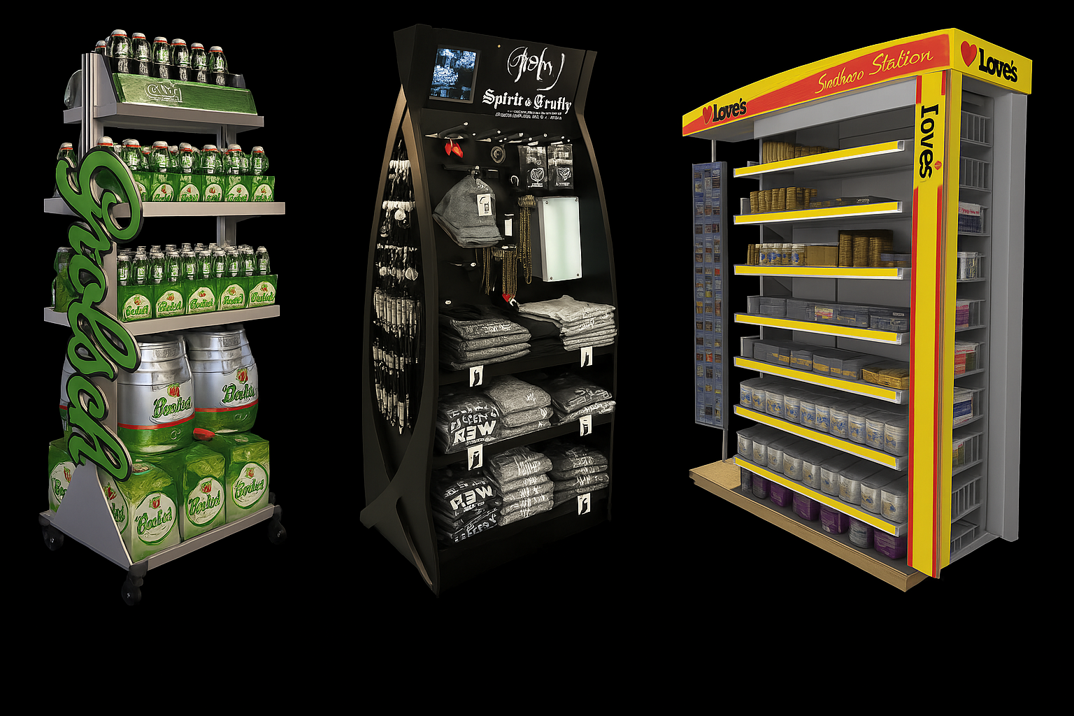 Branded retail display stands featuring Grolsch beer bottles, Roth apparel, and Sundaroo Station packaged goods, set against a black background — ideal for in-store marketing, alcohol promotion, and lifestyle merchandise visual merchandising.