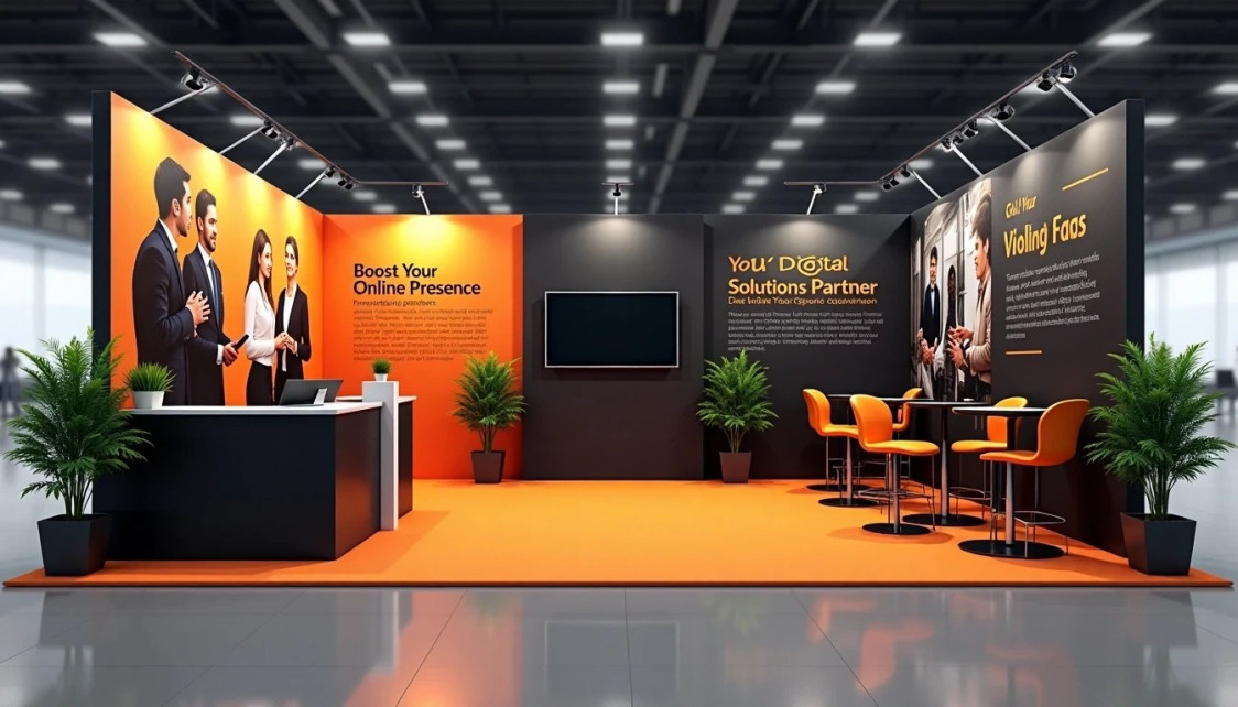 A professionally designed trade show booth with an eye-catching orange and black color scheme, optimized for digital solutions and online presence. The left panel features a Boost Your Online Presence graphic with bus